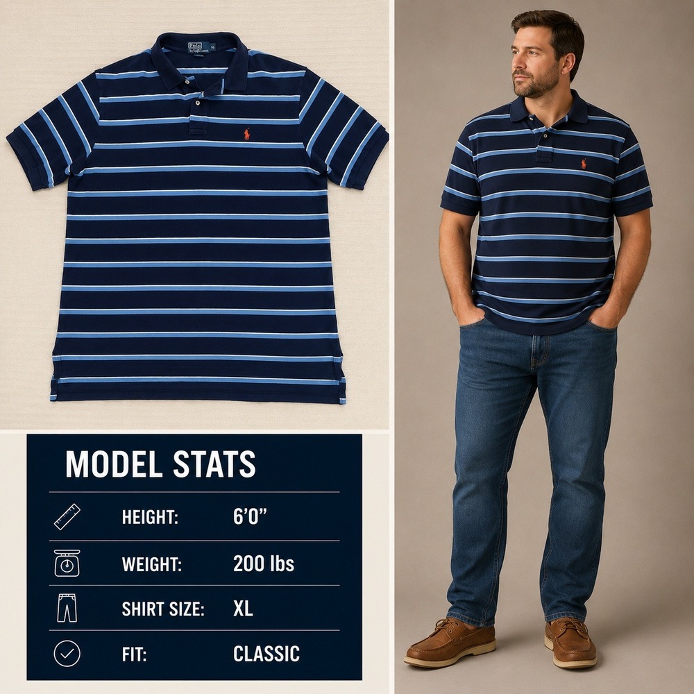 Polo Ralph Lauren Mens‎ XL Classic Fit Striped Mesh Polo Shirt Navy Blue Orange